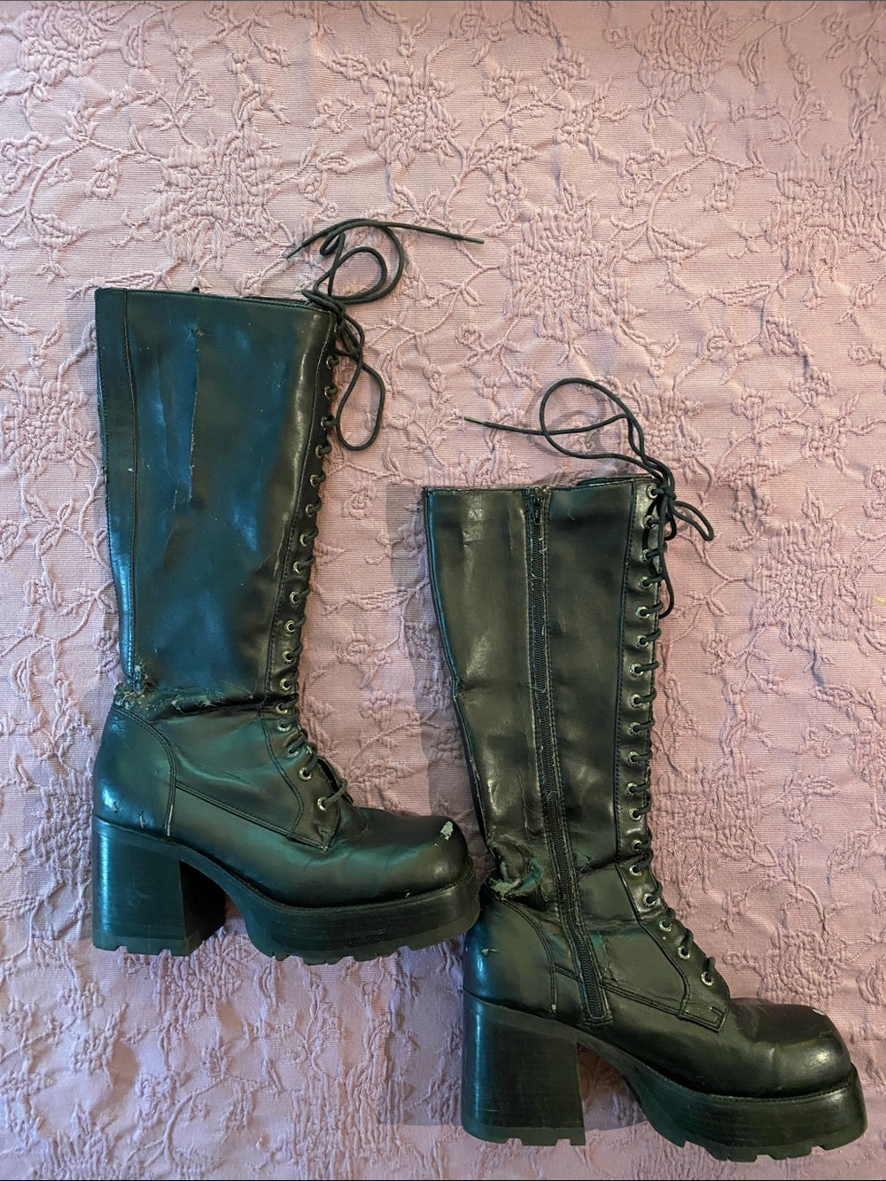 BONGO Black Lace-Up Platform Knee-High Boots